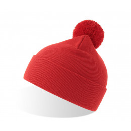 Шапка вязаная  двойная Wind-S, с отворотом и помпоном, красный, 100% переработанный полиэстер